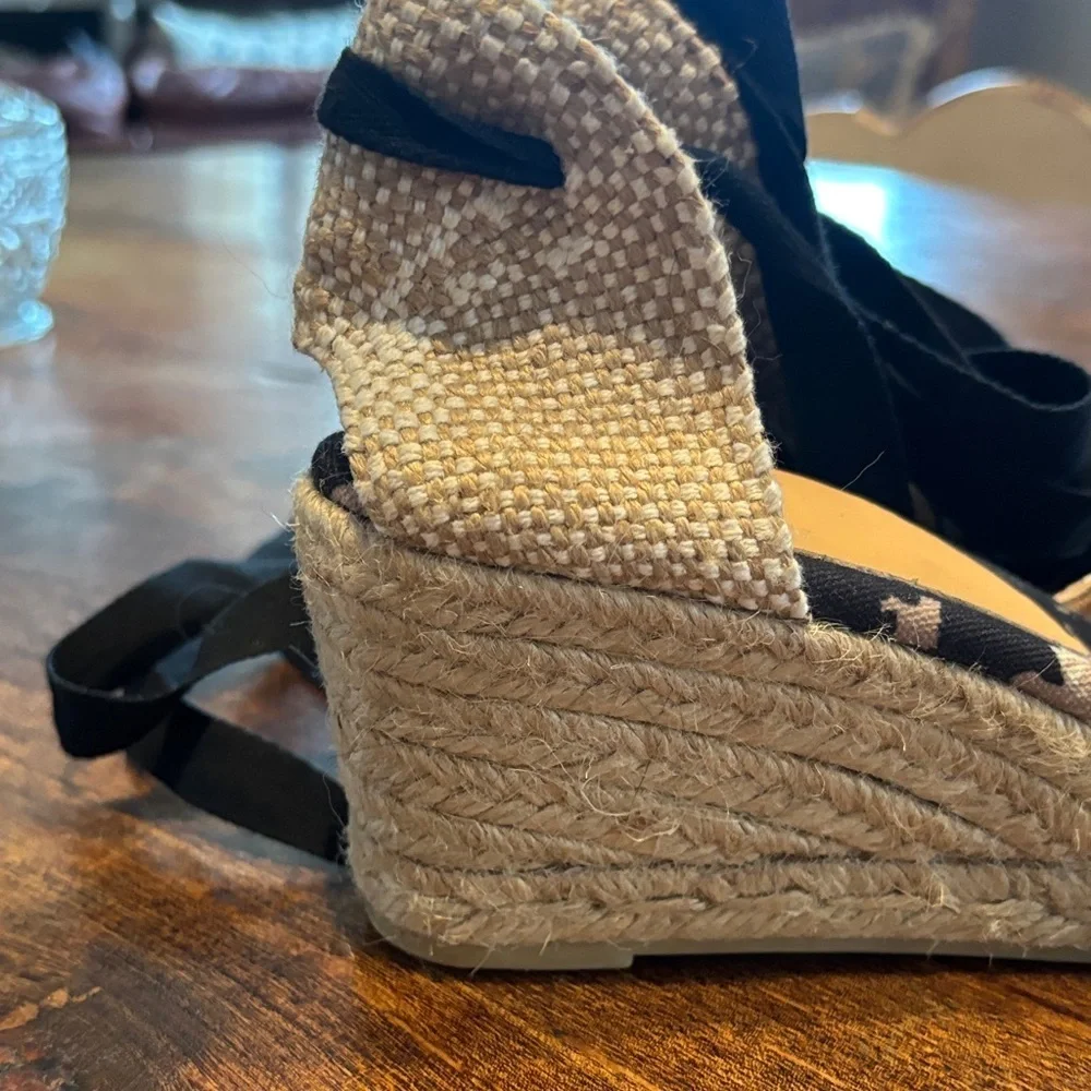 Diane von Furstenberg X Castaner Espadrille Wedge Sandals Black and Tan